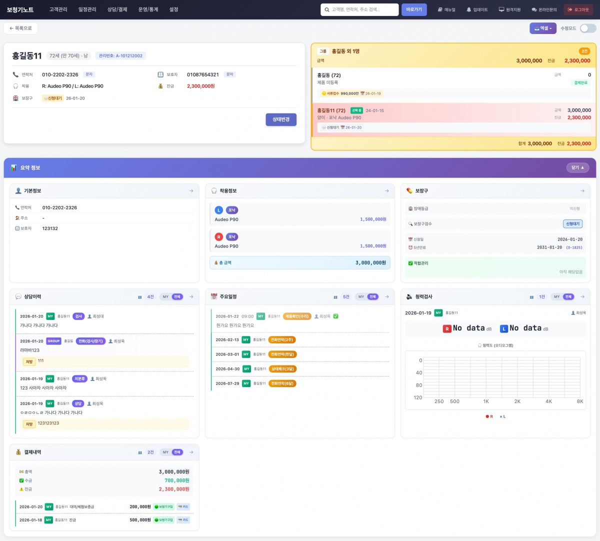 고객관리 상세정보 [요약 정보] 추가 및 상담관리, 주요일정, 결제내역 [카드목록(그리드)] 기능 추가